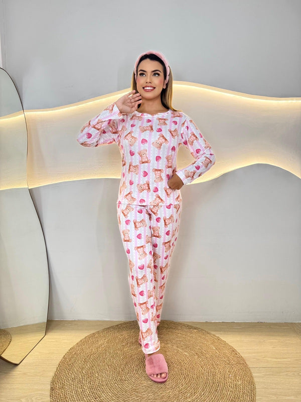 Pijama longo manga full - Ursinha laço rosa