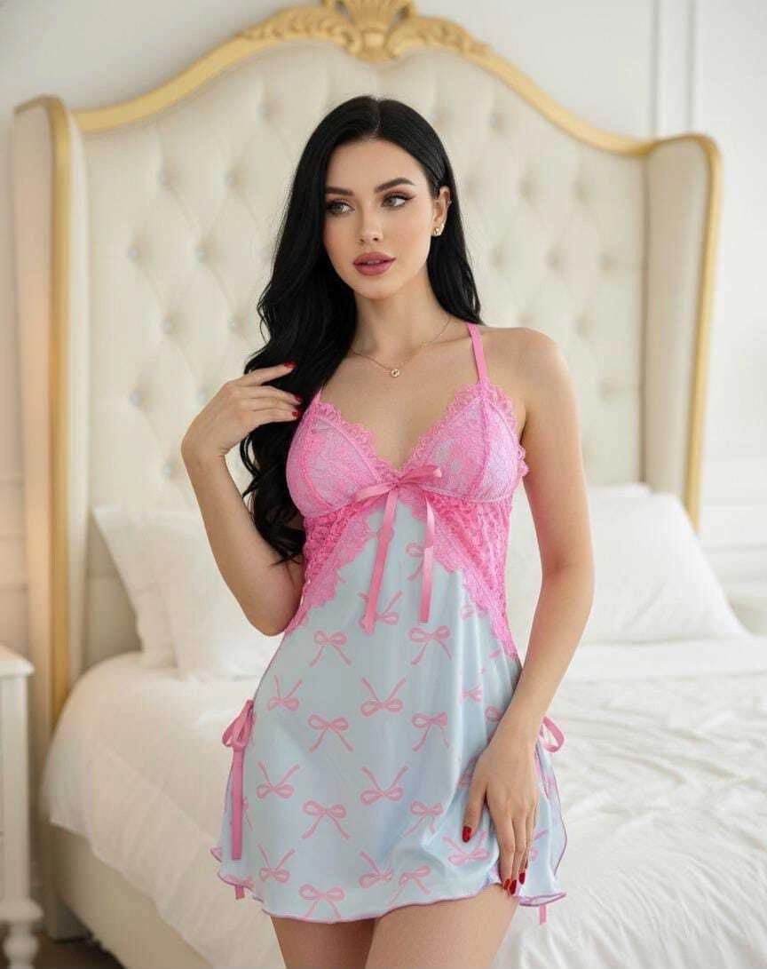 Camisola Encanto- Azul Com Laço Rosa