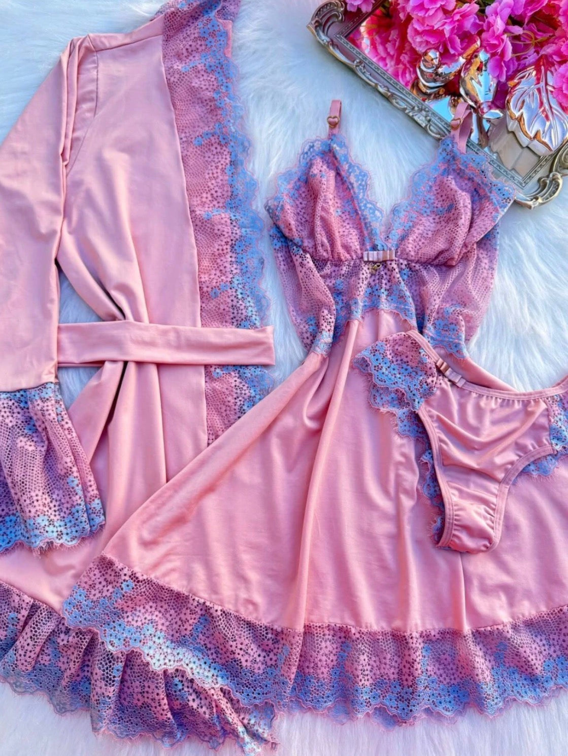 Kit Luxo Robe Camisola - Romance Rosa
