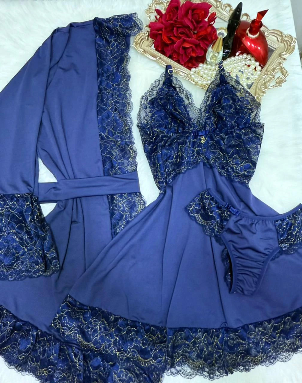 Kit Luxo Robe Camisola - Azul Marinho
