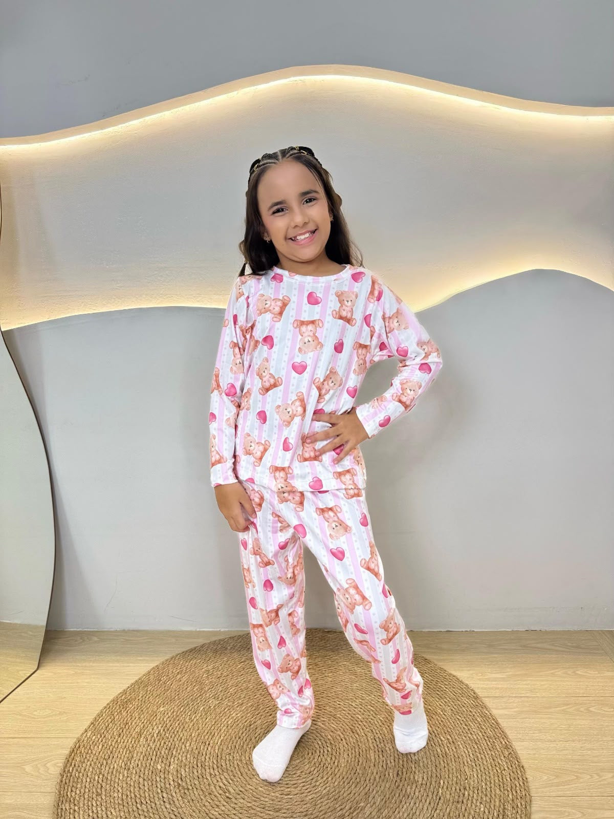 Pijama Infantil manga full - Ursinha laço rosa