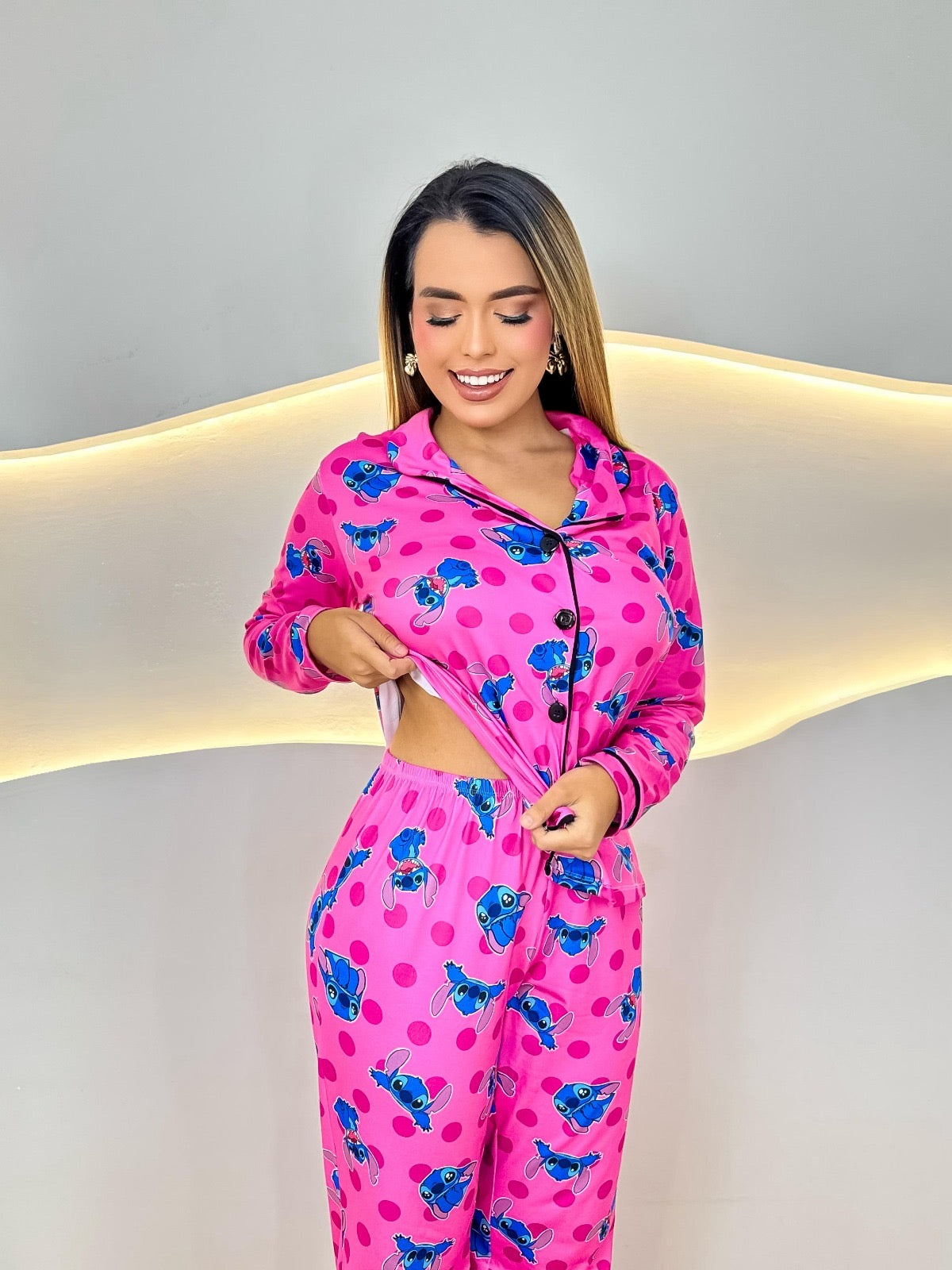 PIJAMA LONGO - AMERICANO - STITCH E CORAÇÃO