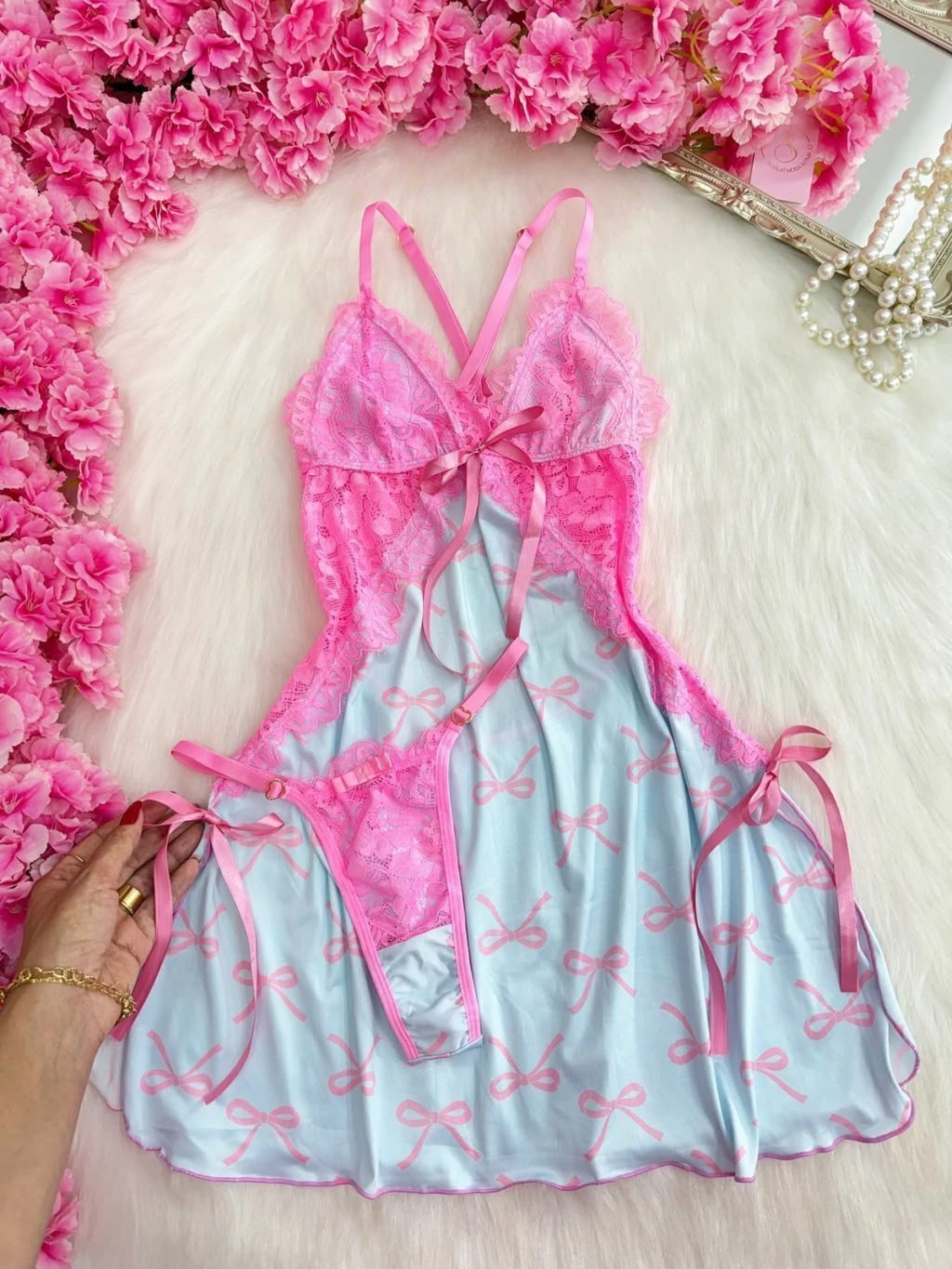 Camisola Encanto- Azul Com Laço Rosa