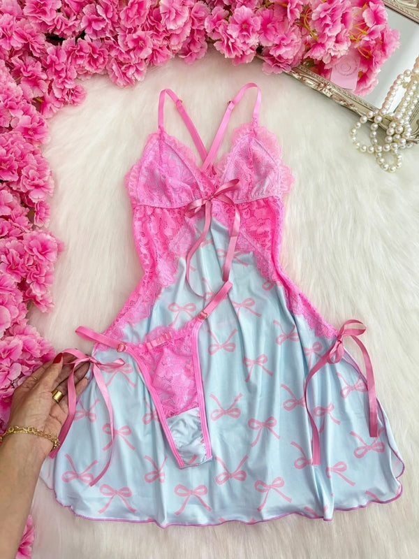 Camisola Encanto- Azul Com Laço Rosa