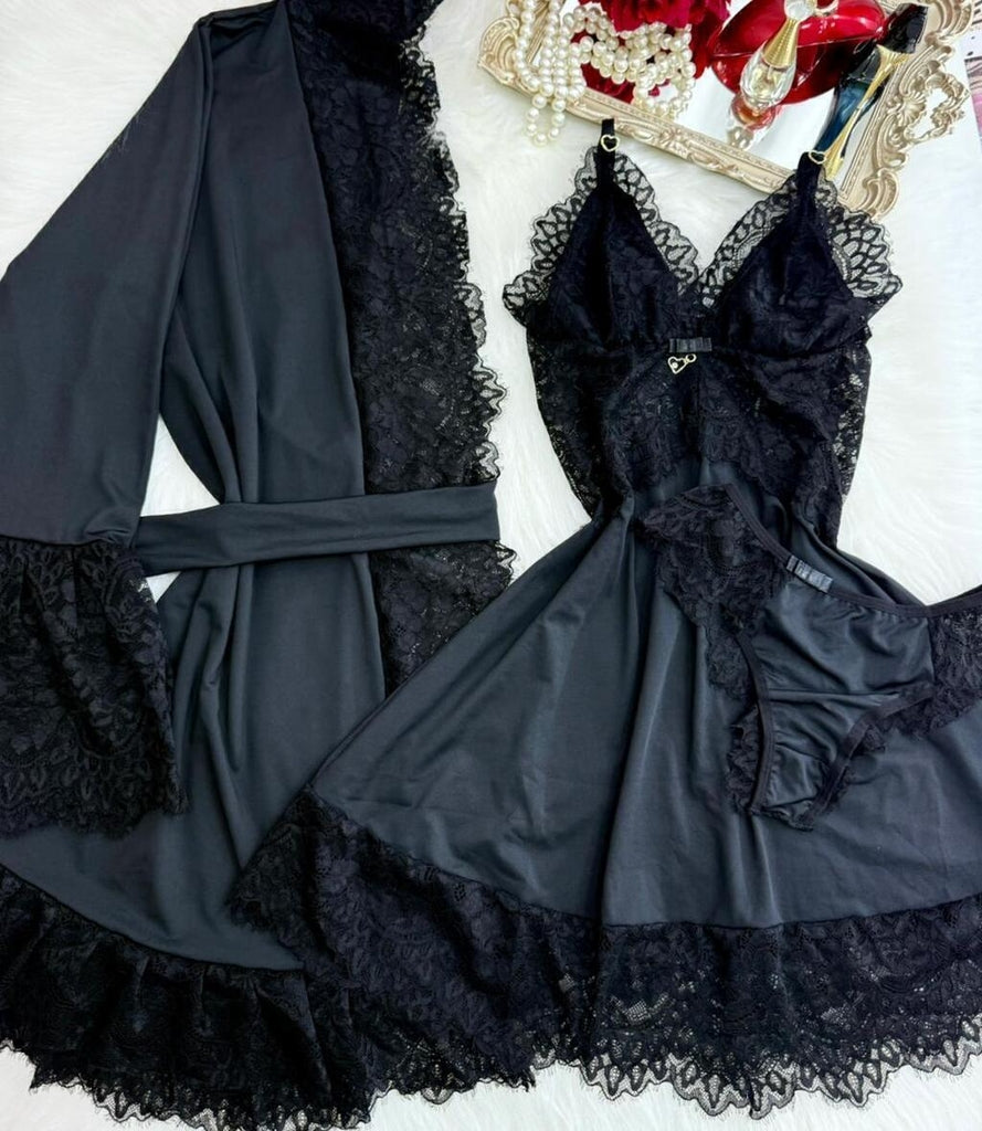 Kit Luxo Robe Camisola - Preto