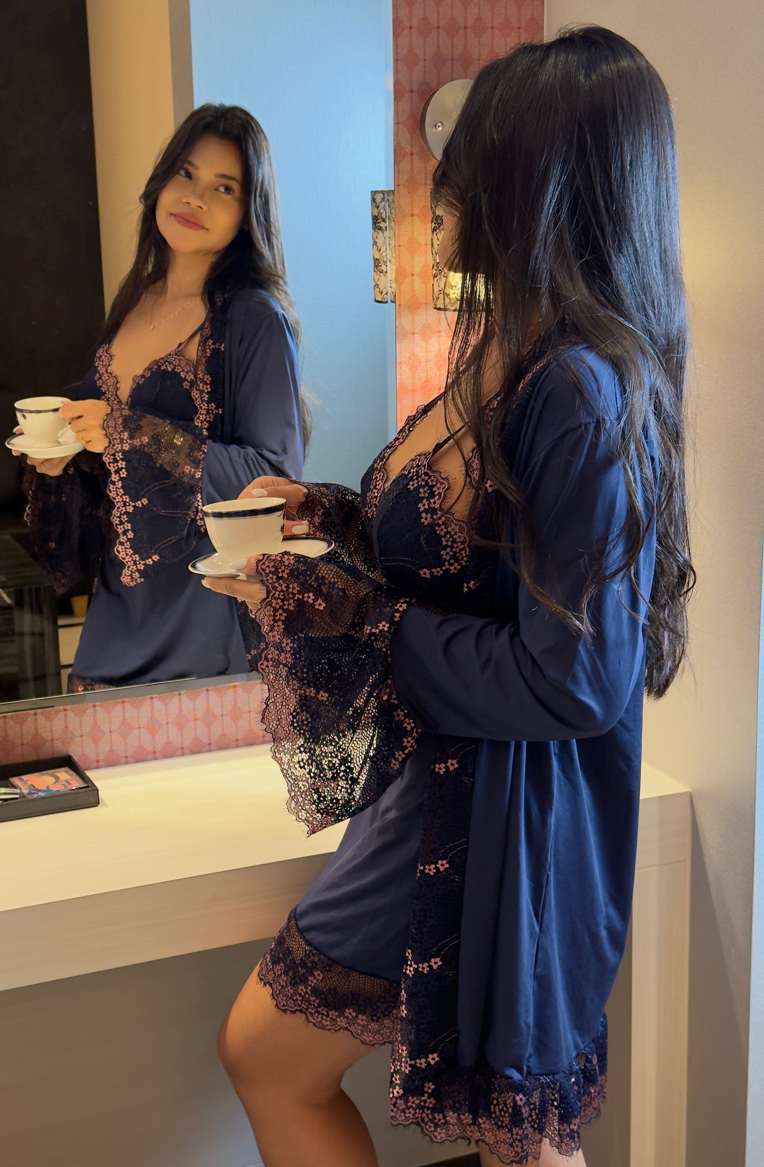 Luxury Set - Robe + Nightgown - Navy Blue/Pink