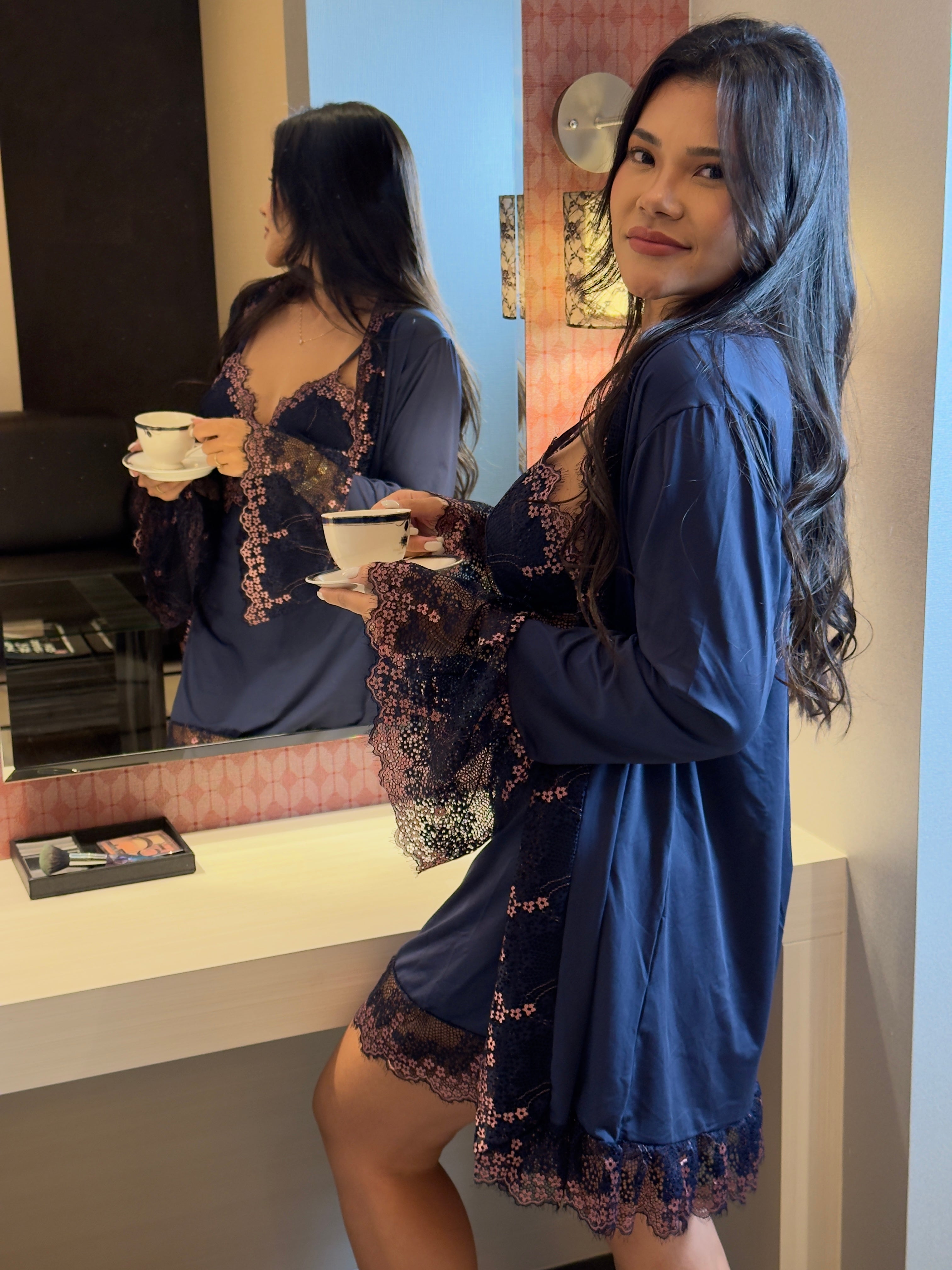 Luxury Set - Robe + Nightgown - Navy Blue/Pink
