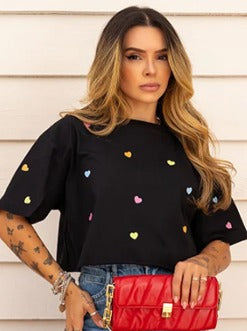 T-shirt Cropped - Algodão - Corações