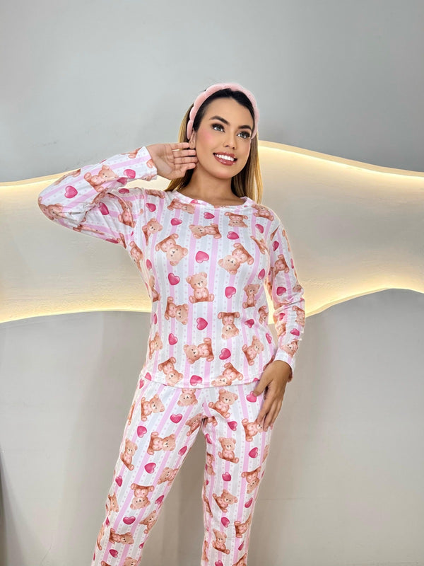 Pijama longo manga full - Ursinha laço rosa