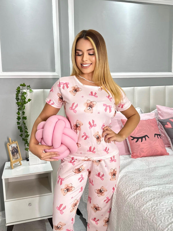 PIJAMA LONGO - MANGA CURTA - URSO E LAÇO ROSA