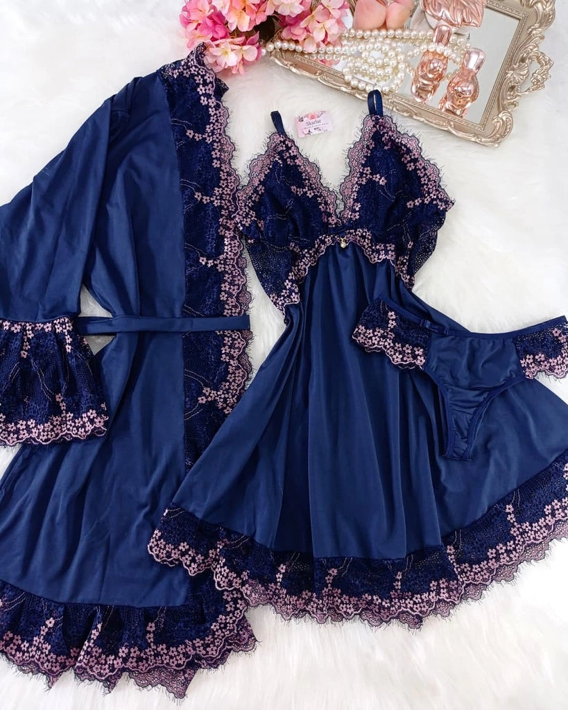 Kit Luxo - Robe + Camisola - Azul Marinho/Rosa