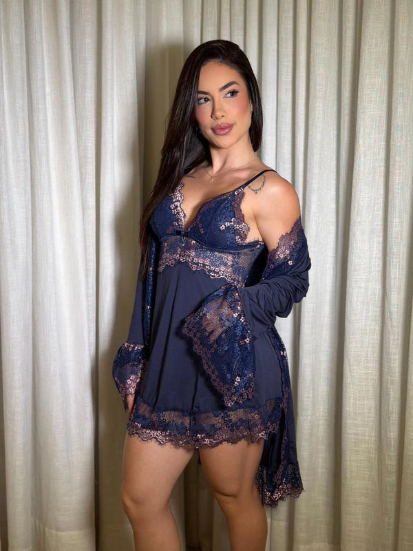 Kit Luxo - Robe + Camisola - Azul Marinho/Rosa